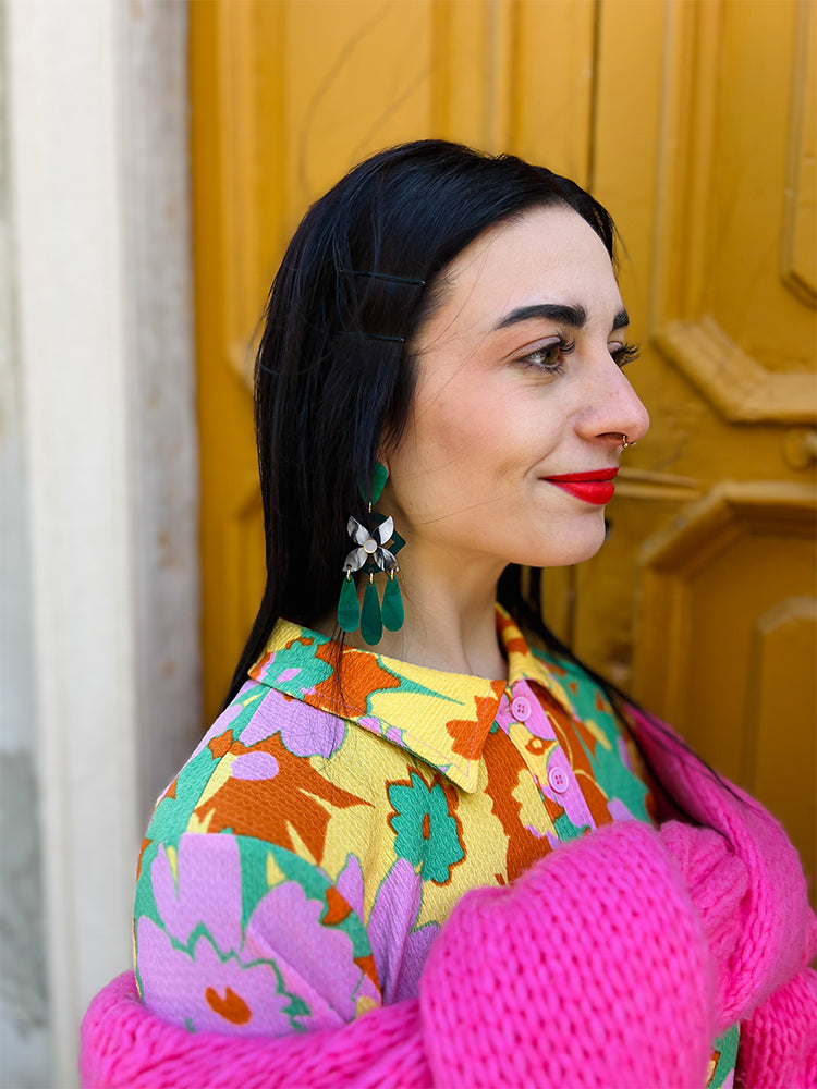 Soiree Green – vibrant handmade statement earrings , ideal for unique jewellery collections - photo model Italy