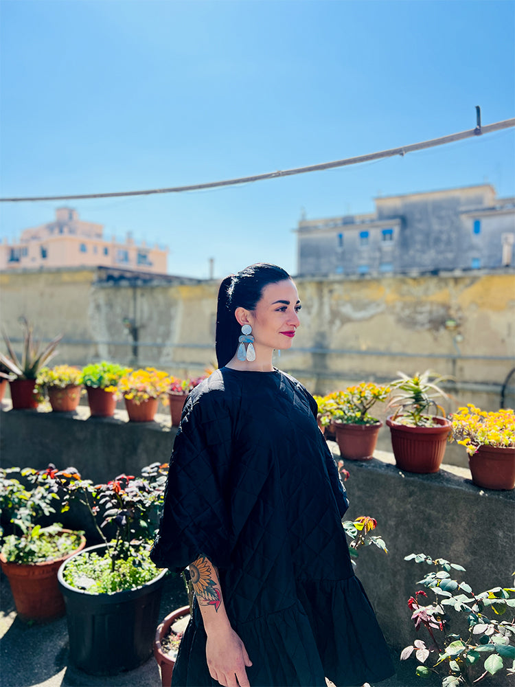Sophia | Statement Abstract | Soft Blue Peach earrings: handmade earrings with a soft, pastel blue and peach combination, ideal for those who love elegant, contemporary jewellery - photo model - Italy 