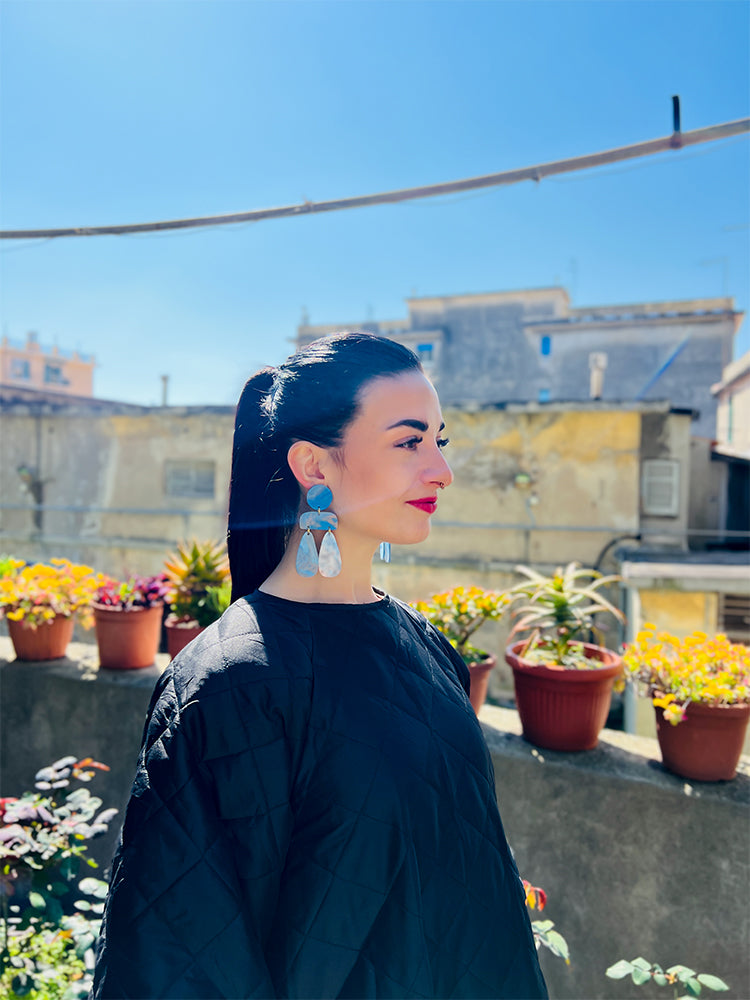 Handmade Sophia | Statement Abstract | Soft Blue Peach earrings: modern earrings with a soothing combination of soft blue and peach, perfect for those who love understated, elegant jewellery - photo model - Italy 