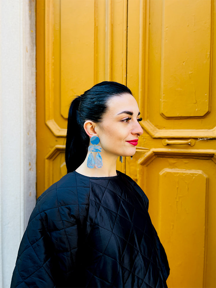 Handmade Sophia | Statement Abstract | Soft Blue Peach earrings: refined earrings with a soft, pastel blue and peach design, perfect for adding a touch of elegance and modern flair to any outfit - photo model - Italy 