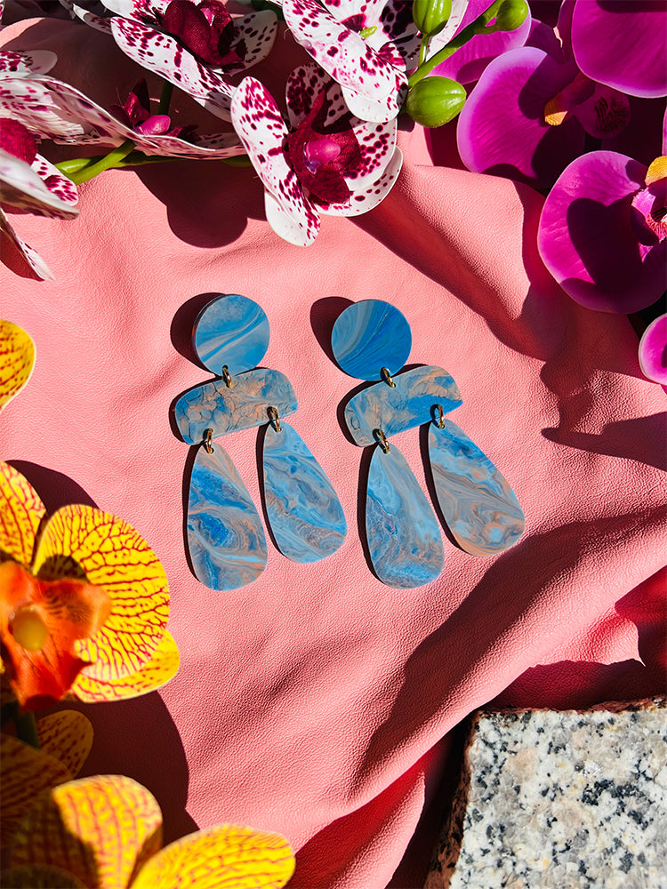Sophia | Statement Abstract | Soft Blue Peach earrings: stunning handmade earrings with a blend of soft blue and peach hues, ideal for those who appreciate vibrant yet subtle jewellery - styled shot 