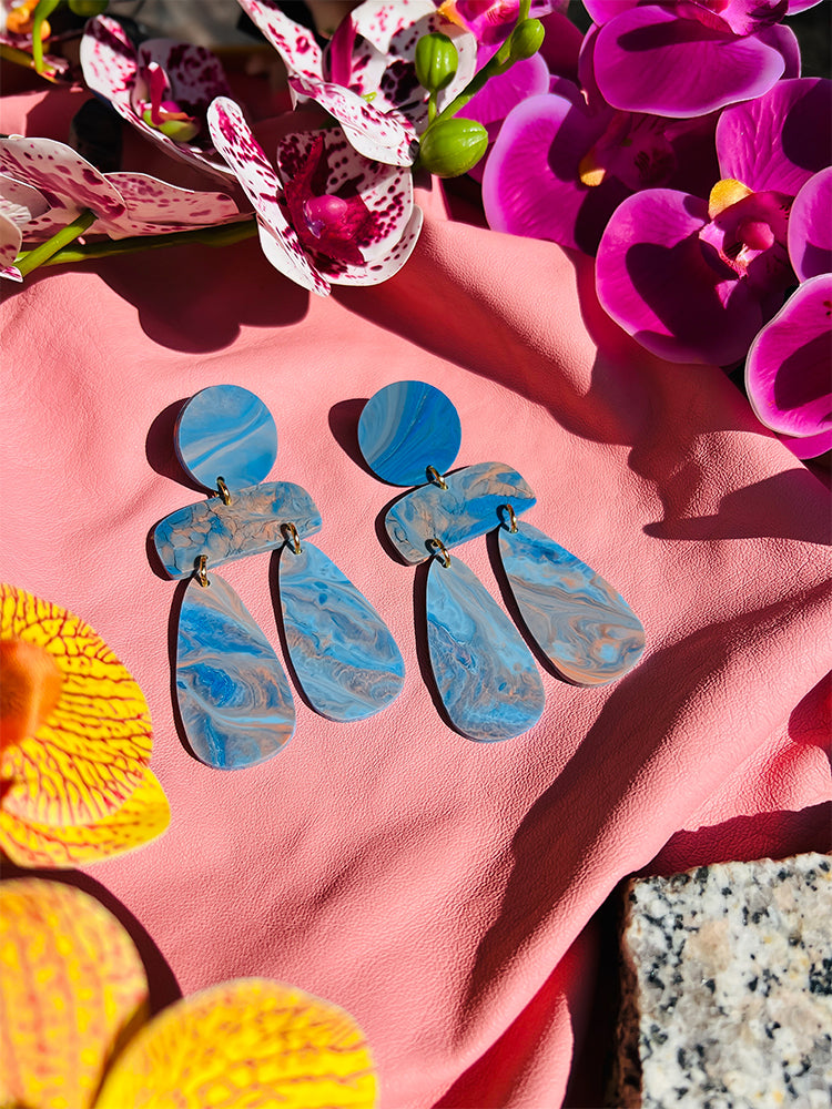 Sophia | Statement Abstract | Soft Blue Peach earrings: sophisticated handmade earrings with a unique mix of soft blue and peach, ideal for those seeking a delicate statement piece - styled shot 