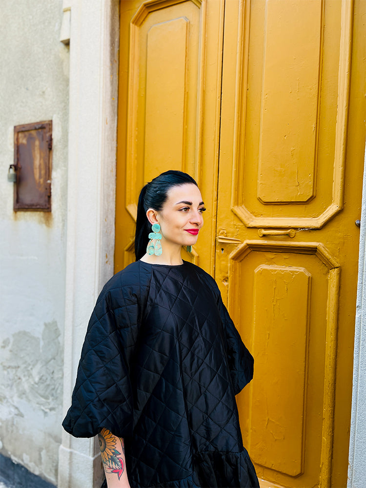 Handmade Sophia | Statement Abstract | Turquoise Marble earrings: bold earrings with beautiful turquoise marble accents and modern abstract design, perfect for those who appreciate vibrant, standout jewellery - photo model - Italy 