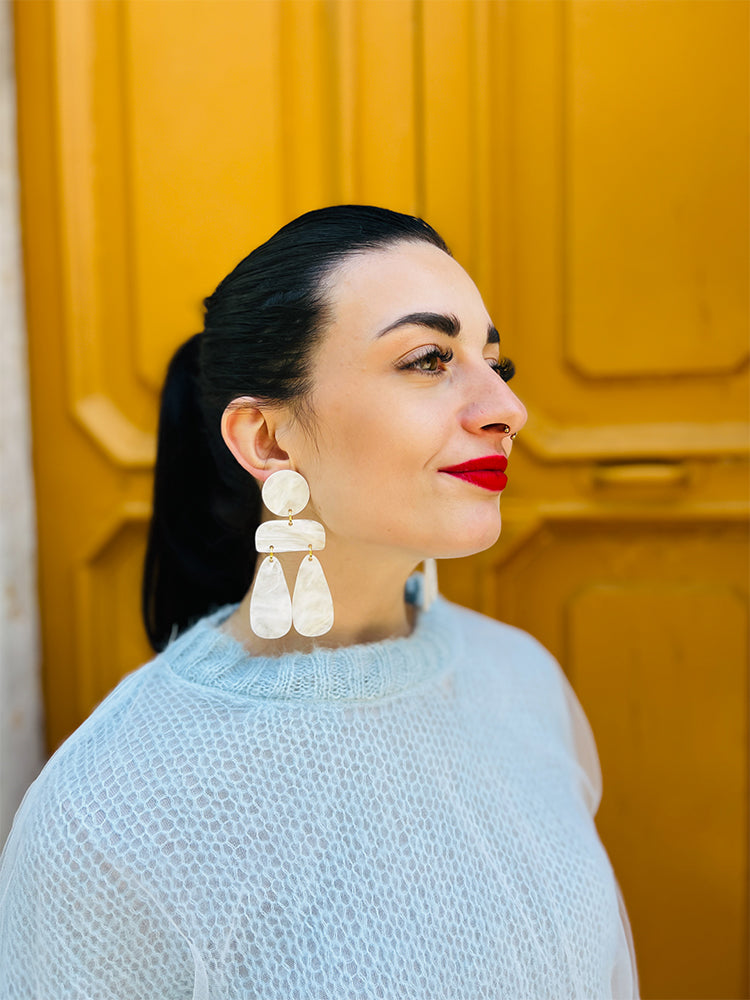 Handmade Sophia | Statement Abstract | White Marble earrings: bold earrings with modern abstract design and white marble, perfect for jewellery lovers seeking a statement piece - photo model - Italy 