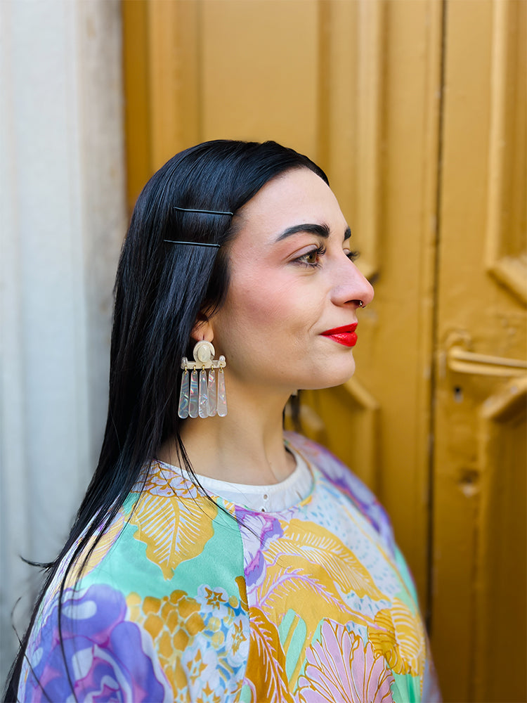 swinging chandelier handmade earring photo model from side