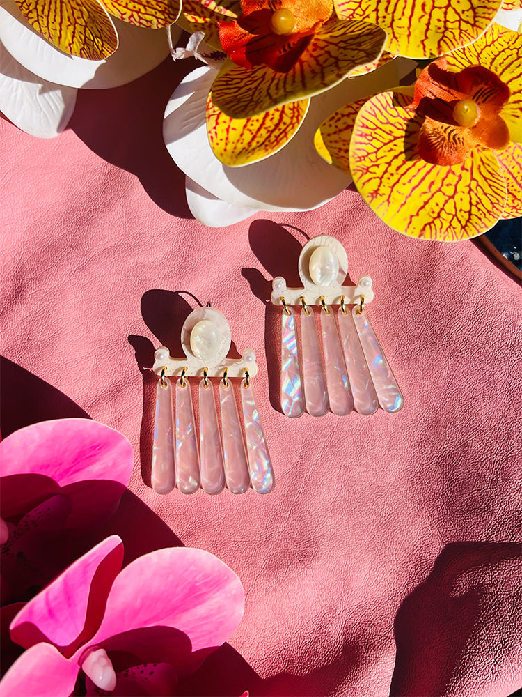 chandelier handmade earring with opal shimmer styled shot from front