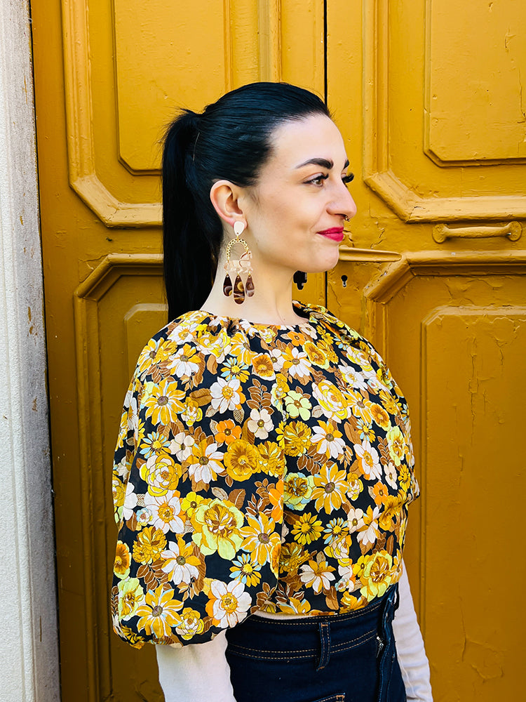 Texas Fields | Crazy Quilt - Statement handmade earrings with bold colours and patterns that reflect the beauty of patchwork quilting - photo model - Italy 