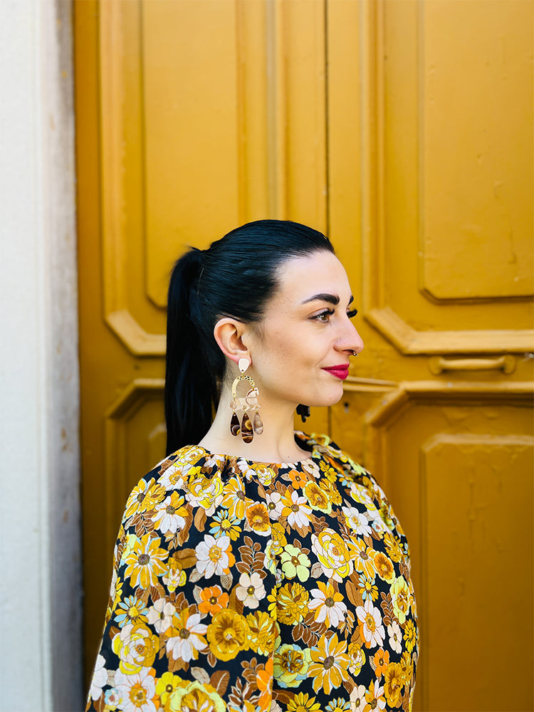 Texas Fields | Crazy Quilt - These statement handmade earrings capture the beauty of patchwork quilting in a modern accessory - photo model - Italy 