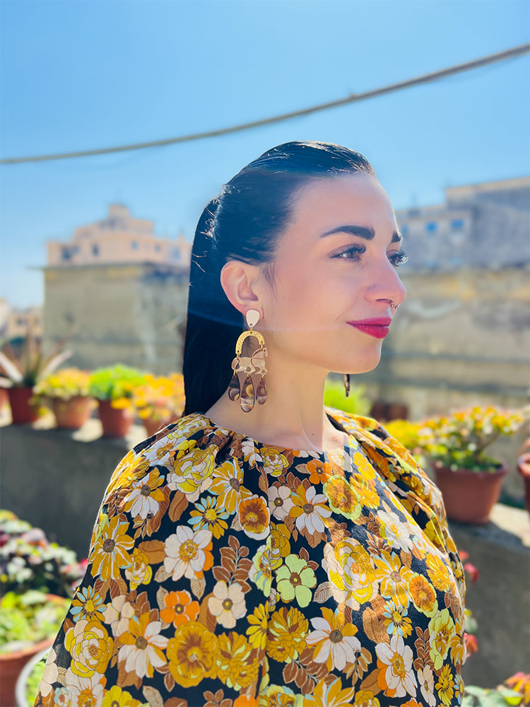 Texas Fields | Crazy Quilt - Handmade earrings combining the bold style of patchwork quilting with modern craftsmanship and vibrant colours - photo model - Italy 