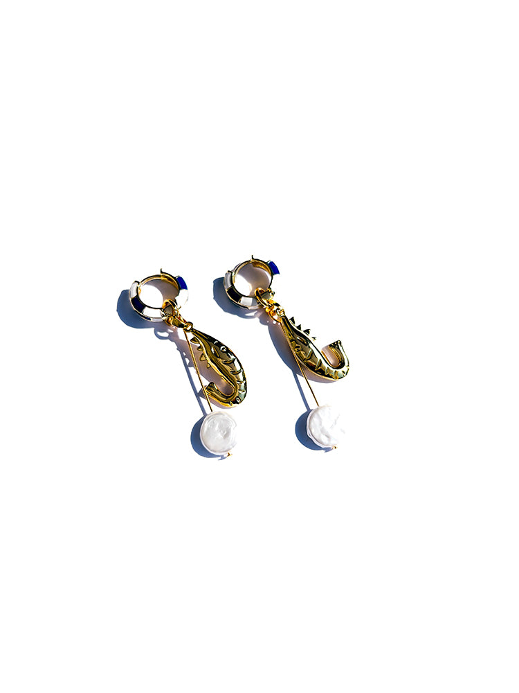 The Bait - stacker hoop - Chic and minimal handmade earrings, with a colourful irregular pearl drop design - top view