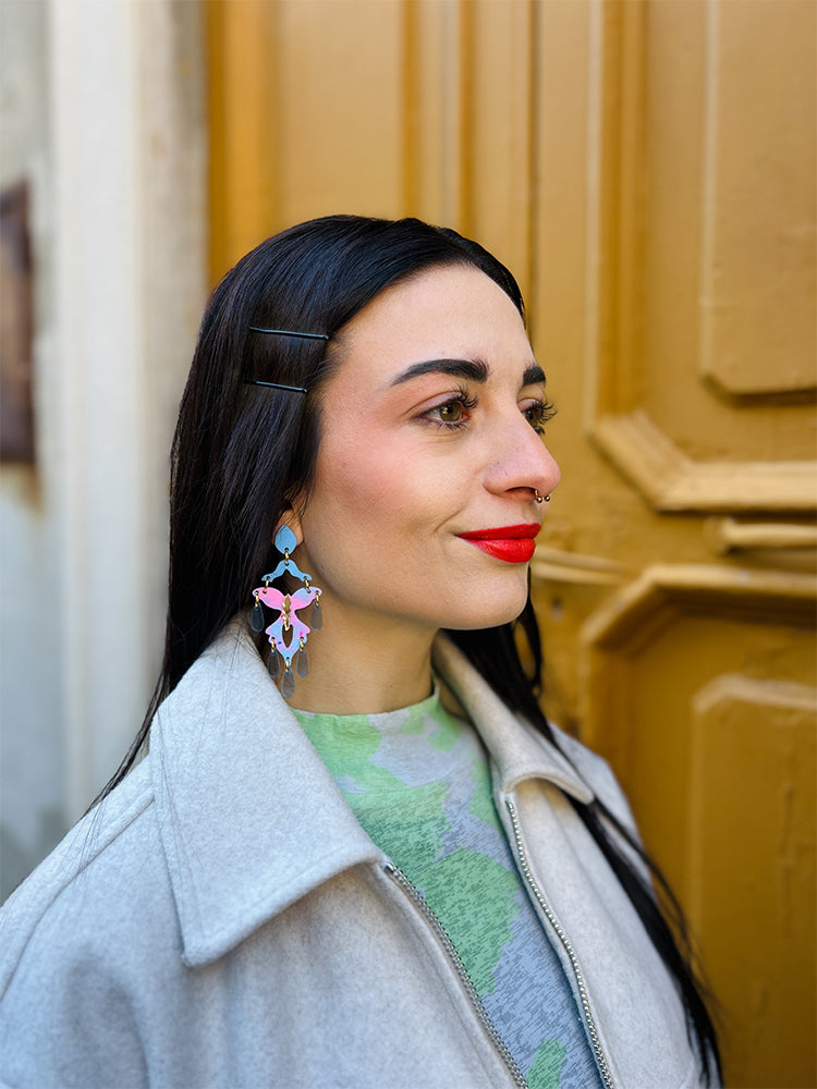 The Butterfly Pink Blue earrings,  handmade, colourful, and inspired by jellyfish elegance , photo model 