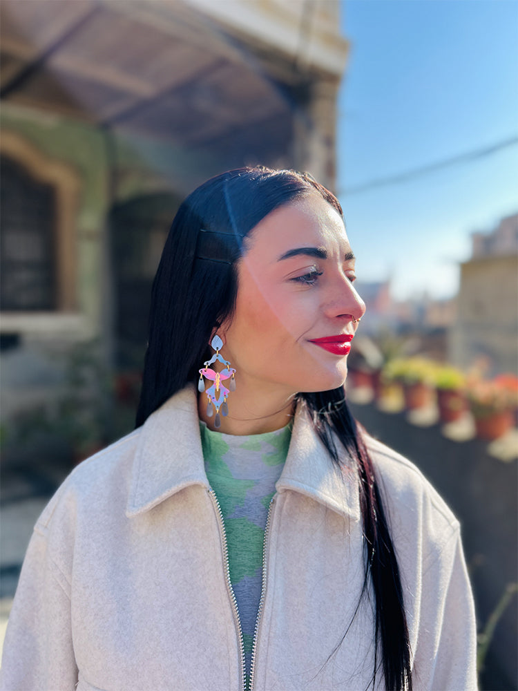 The butterfly ,colourful charm earrings, photo by side, model, Italy