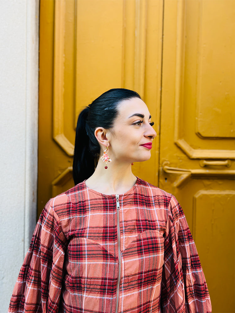 Cat Lover | Ginger | Crazy Quilt earrings: handmade jewellery with playful cat details and intricate Crazy Quilt design, perfect for creative jewellery lovers - photo model - Italy 