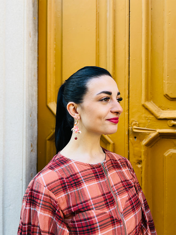 Handmade Cat Lover | Ginger earrings: playful earrings with fun charm details and Crazy Quilt-inspired design, perfect for jewellery lovers seeking unique handmade jewellery - photo model - Italy 