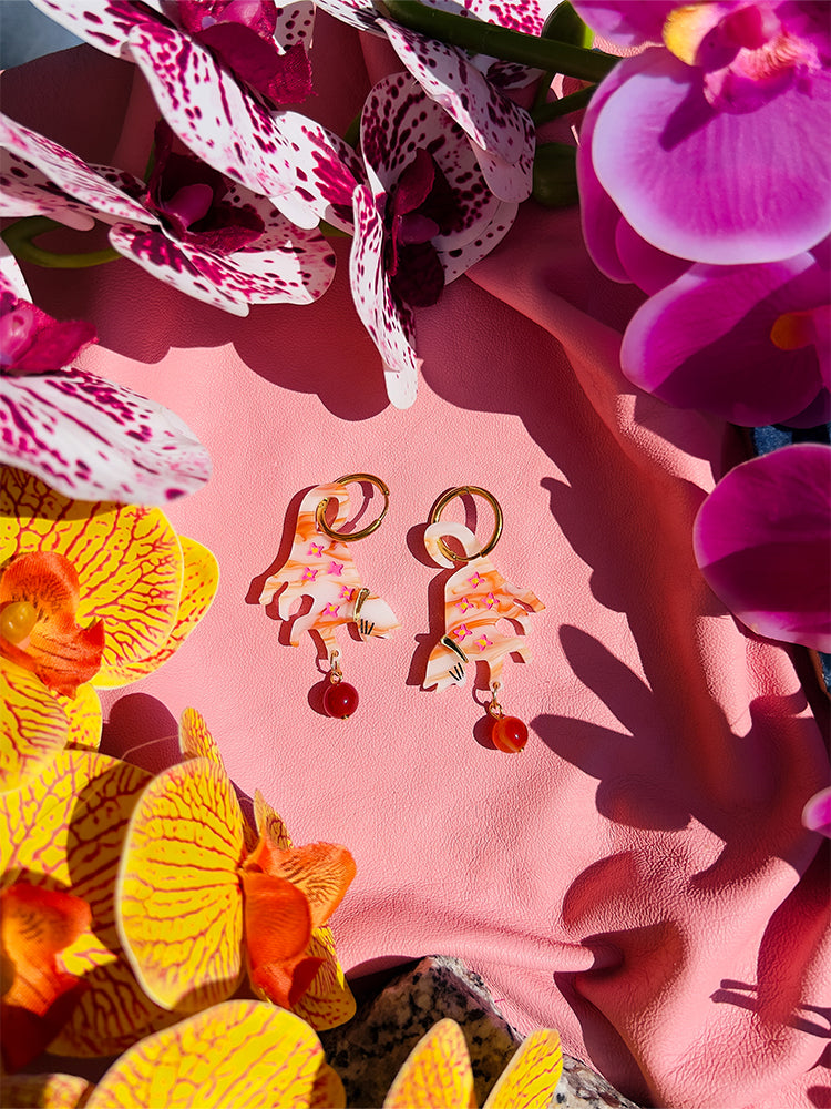 Cat Lover | Ginger earrings: handmade earrings with quirky charm and unique Crazy Quilt design, perfect for jewellery lovers who appreciate fun and playful pieces - styled shot 