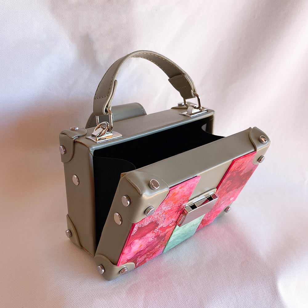 mini trunk bag, white bag with pink marbled resin